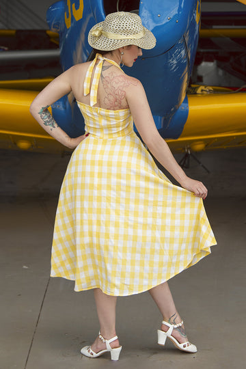 Vestido vintage de xadrez de halter amarelo